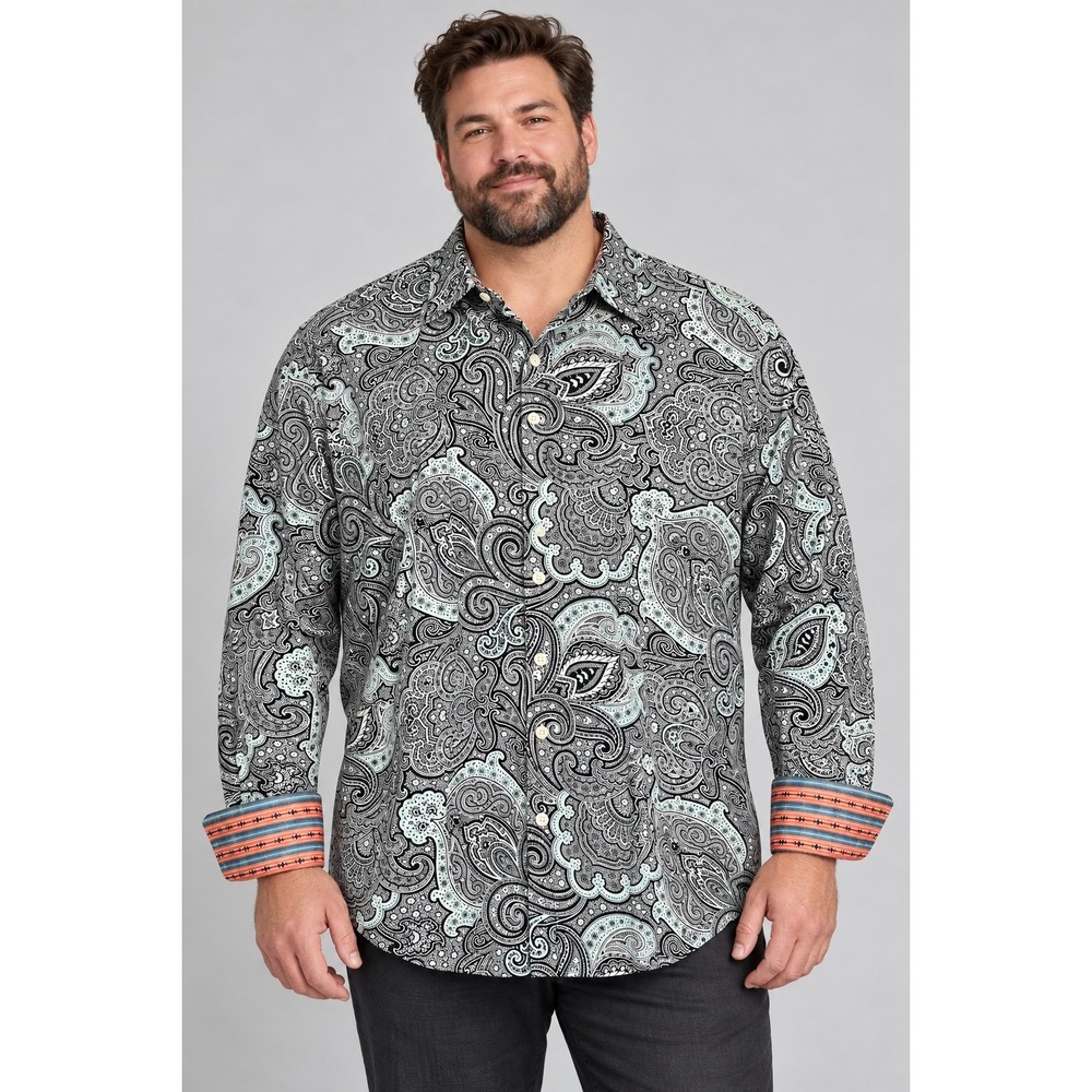 Robert Graham Mens 2XL Paisley Button Down Shirt Cotton Silk Trim Black Mint
